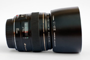 Canon EF 85mm F1.8 USM Side View & with Lens Hood ET-65III attached