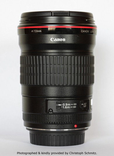 Canon EF 135mm F2.0L USM Side View showing filter size and focus limiter