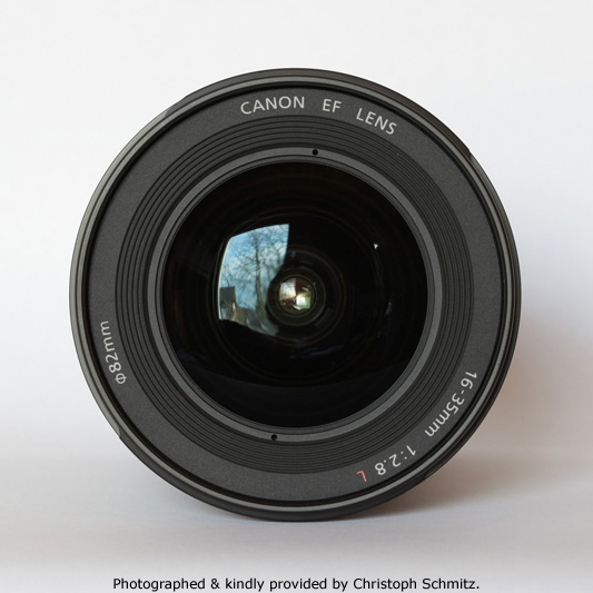Canon EF 16-35mm F2.8 L II USM Front Lens View with model name inscription and filter size