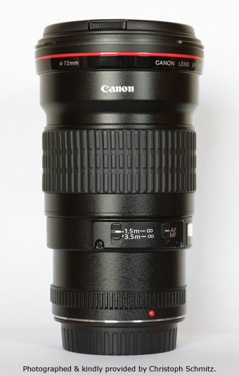 Canon EF 200mm F2.8 L II USM Side View showing filter size and focus limiter