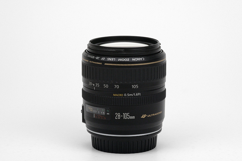 Canon EF 28-105mm F3.5-4.5 II USM Side View showing zoom and focus scale, minmum focusing distance, model name inscriptions