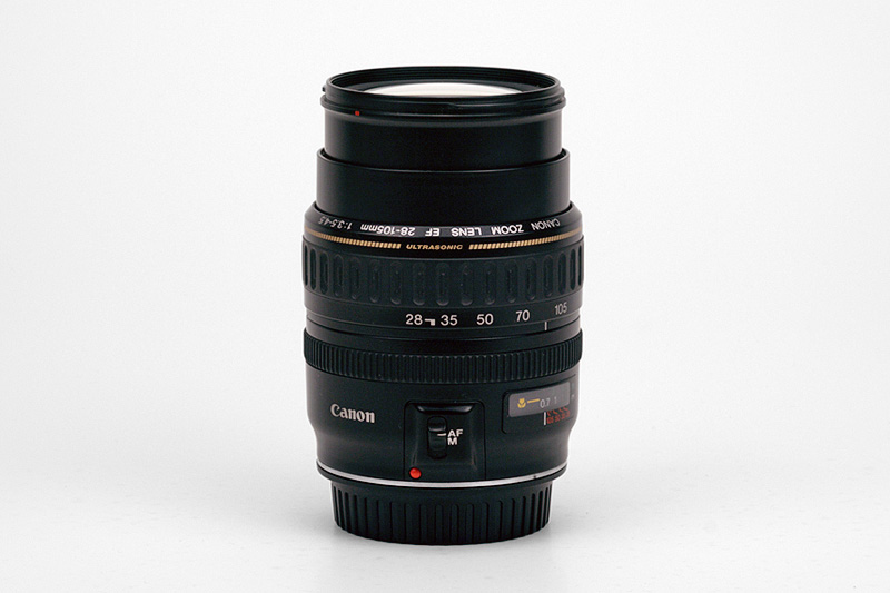 Canon EF 28-105mm F3.5-4.5 USM Side View showing full zoom extension, zoom scale and model name inscription