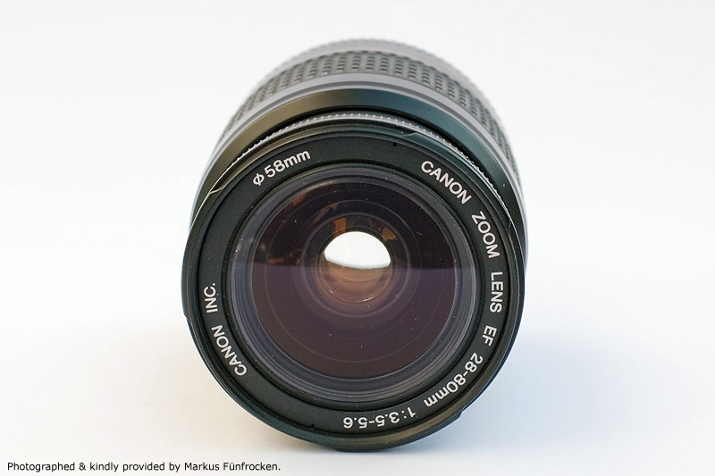 Canon EF 28-80mm F3.5-5.6 Front Lens View showing model name inscription and filter size