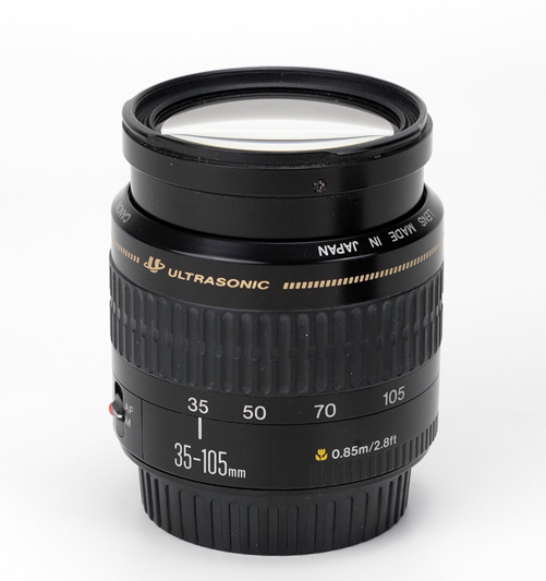 Canon EF 35-105mm F4.5-5.6 USM Side View showing zoom scale, type of focus ring, minimum focusing distance and full extension