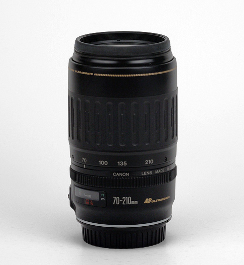 Canon EF 70-210mm F3.5-4.5 USM Side View showing focus scale, model name inscription, wide zoom ring