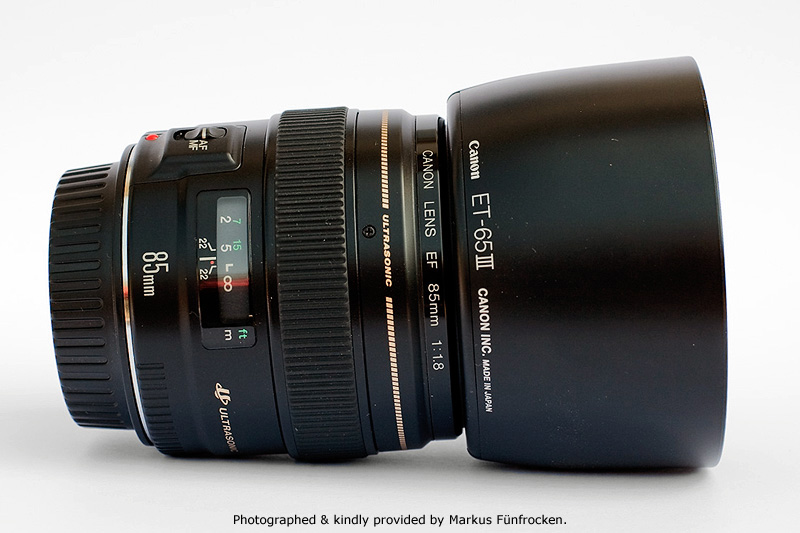 Canon EF 85mm F1.8 USM Side View with Lens Hood ET-65III mounted