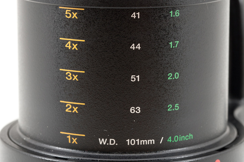 Canon MP-E 65mm F2.8 1-5x Macro Photo Detail View showing the focusing distance and magnification scales