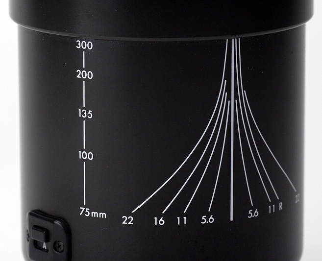 Exakta AF 75-300mm F4.5-5.6 for Canon EF Detail Side View showing full zoom scale and slide type of extension
