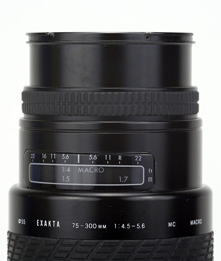 Exakta AF 75-300mm F4.5-5.6 for Canon EF Detail Side View showing full focus extension