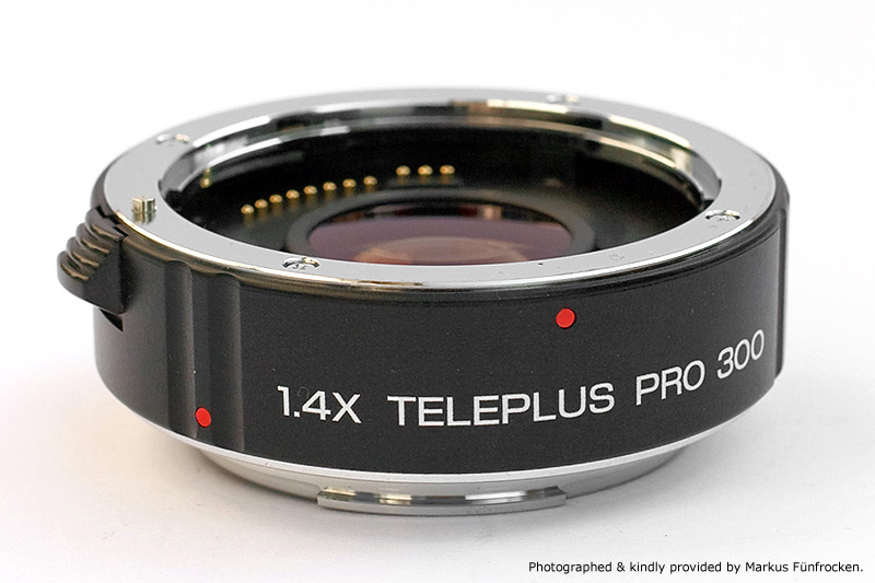 Kenko Teleplus Pro 300 AF 1.4x for Canon EF Side View showing model name inscription, multi coating and 11 electronic contacts