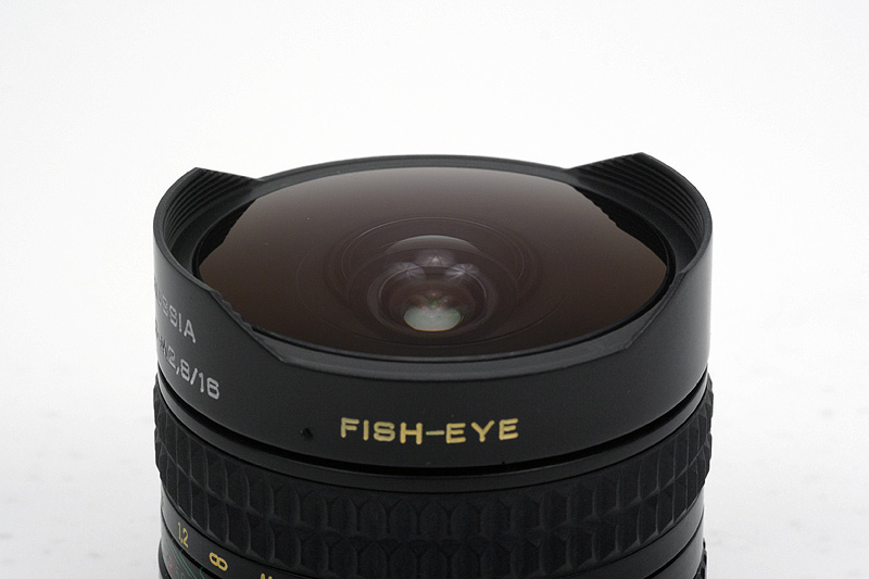 KMZ 16mm F2.8 Zenitar-M Fisheye Side View showing multi coatings, built-in lens hood and a part of the model name inscription
