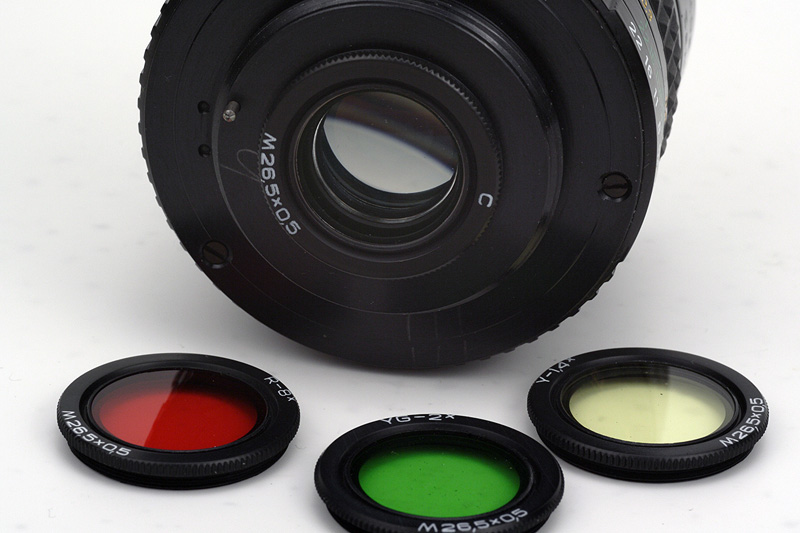 KMZ 16mm F2.8 Zenitar-M Fisheye M42 Back View showing rear filter size and full set of 4 included filters