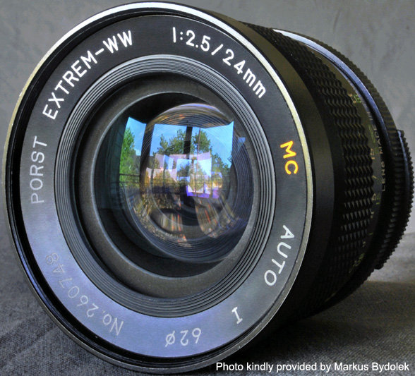Porst 24mm F2.5 MC Extrem-WW M42 Front View showing model name inscription and filter size