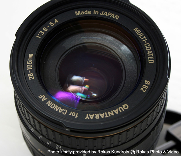 Quantaray AF 28-105mm F3.8-5.4 Aspherical IF for Canon EF Front Lens View showing model name inscription and filter size