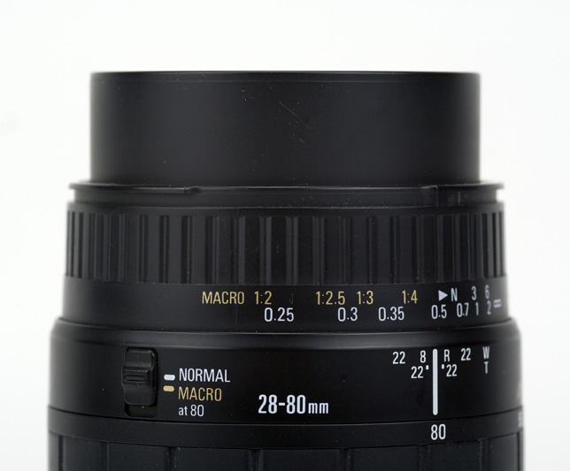 Sigma AF 28-80mm F3.5-5.6 Aspherical Macro for Canon EF Side View showing full zoom extension and focus limiter