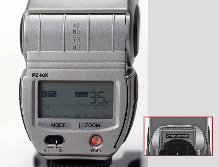 Sunpak PZ40X for Canon EOS Back View showing LCD screen, control elements, model name inscription and dedication type