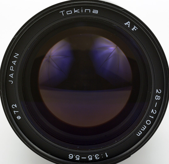Tokina AF 28-210mm F3.5-5.6 for Canon EF Front Lens View showing coating details, model name inscriptions and filter size